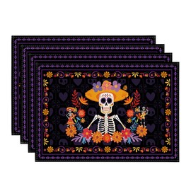 Artoid Mode Day of The Dead Placemats Set of 4, 12x18 Inch Dia De Los Muertos Table Mats for Party Kitchen Dining Decoration