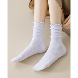 2 Pairs Ruffle Socks Women, Ruffle Turn-Cuff Casual Socks Breathable Cool Knit Cotton Lettuce Crew Frilly Socks (US, Numeric, 6, 9, Regular, Regular, White)