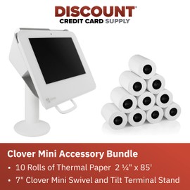 Discount Credit Card Supply DCCStands Clover Mini/Clover Mini 3 7" Swivel and Tilt Stand and 10 Roll Case of Thermal Paper 2 1/4" x 85' Bundle, White