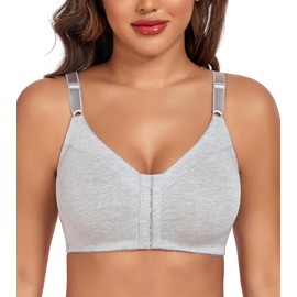 DotVol Women's Front Closure Full Cup Without Underwire Large Sizes Cotton Comfort Bra, gray