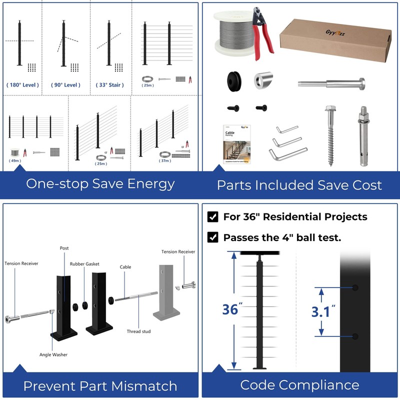 Gyykzz One-Stop Cable Railing Post Kit, 2Pack Level Drilled Line