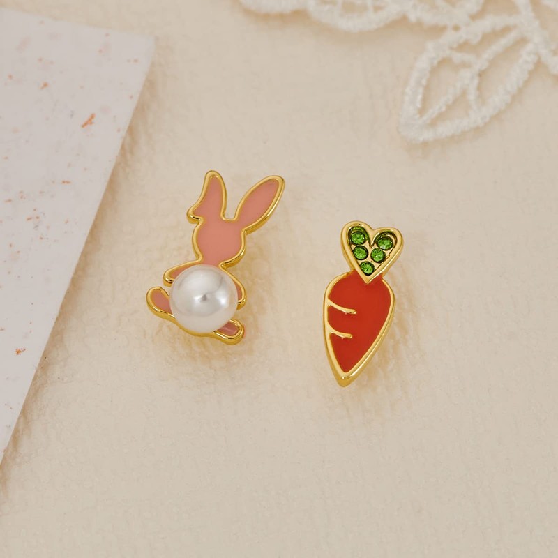 MUYAN Cute Small Easter Bunny Stud Earrings Pink Rabbit Orange