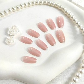 Short Press on Nails Coffin Fake Nails with Glitter Designs Nude Nails Press ons Glossy Glue on Nails Daily Wear Simple French Tip Acrylic Artificial Stick on Nails for Women 24Pcs