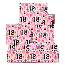 CENTRAL 23 Girls Wrapping Paper Birthday - 6 Sheets of Pink Gift Wrap - 18th Birthday Wrapping Paper for Women Her Friends - For Daughter - Age 18 - Comes with Fun Stickers