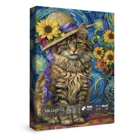 Cat Puzzles for Adults 1000 Pieces, Van Gogh Animal Jigsaw Puzzles, Vase Flower Art Puzzles