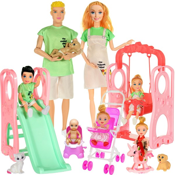 Family Dolls Playset with Slide Swing and Baby Stroller -