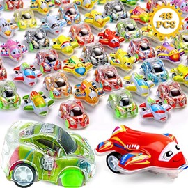Juego de 48 mini coches y aviones pequeños,incluyendo 24 vehículos de colores tracción pequeños y 24 avión de plástico para tirar hacia atrás,regalos de Pascua, juguetes para aula y padre-hijo