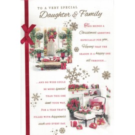 Large Daughter and Family Christmas Card, Traditional Xmas Design with Attached Red Ribbon, 25.4 x 17.8 cm