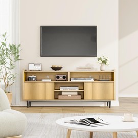 GarveeHome Fluted TV Stand for 70 Inch, Boho Entertainment Center with Sliding Doors, Wood Media Cabinet Furniture with Adjustable Shelves for Living Room Bedroom, Natural Oak