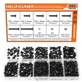 HELIFOUNER 560 Pieces M3 x 5mm /6mm /8mm /10mm /12mm /16mm /20mm, Countersunk Head Socket Cap Screws Bolts Washers Nuts Kit, 10.9 Grade Alloy Steel, Full Threaded, Black