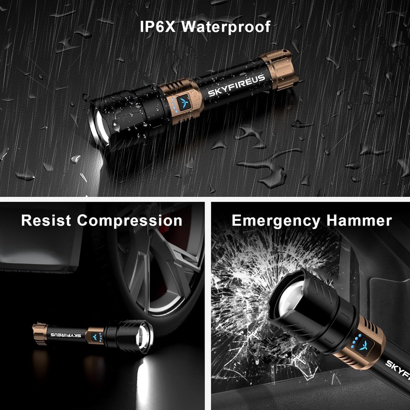 SKYFIRE Rechargeable Flashlight High Lumens,8000mAh Super Bright Flashlight,Zoomable,4 Modes,Waterproof LED