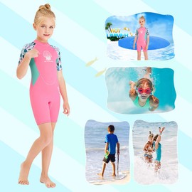 Traje de baño térmico de neopreno corto para niños, 0.079 pulgadas para niñas, niños, adolescentes, jóvenes, niños pequeños, traje de baño de una pieza con protección UV, traje de baño para surf (niña rosa, L)