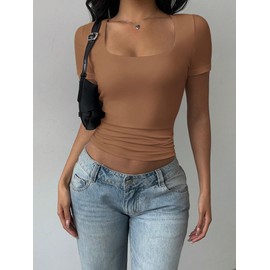 MIROMIHO Womens Square Neck Going Out Crop Tops Short Sleeve T Shirts Summer Cute Clothes Basics Tees Coffee
