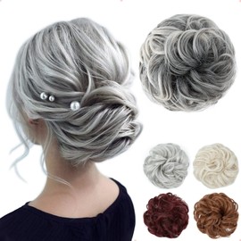 JJstar Chignon Parrucche Capelli Grandi Posticci Ricci Ondulati Capelli Naturali Falso Chignon Elastico per Donne Ragazza (Grigio con Ciocche Bianche)