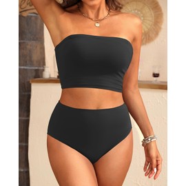 Tempt Me Women Black Bandeau Bikini Set Strapless High Waisted Two Piece Swimsuit Longline Bathing Suits S