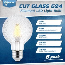 OHBULBS 6 Pack - G25 Cut Glass Clear LED Light Bulb 5.5 Watt Dimmable Decorative Filament LED Medium Base | 3000K White Light
