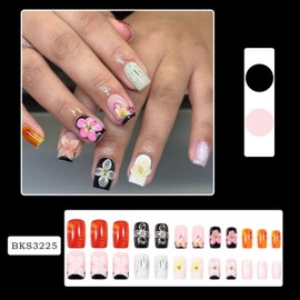 24 Pcs Square Press on Nails Short Fake Nails Black French Tip False Nails with 3D Flower Design Full Cover Stick on Nails Acrylic Nails Floral Press on Nails for Women Artificial Nails Art DIY