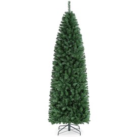 YAHEETECH 7.5ft Unlit Artificial Kingswood Fir Pencil Slim Skinny Corner Hinged Christmas Tree with 1086 Branch Tips and Foldable Stand, Xmas Tree for Holiday Decoration