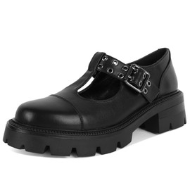 SAMMITOP Women's Black Mary Jane Heels Lug Sole Chunky Pumps Black Platform Heels Black Mary Janes for Women Low Heel Uniform School Work Shoes US Size 7