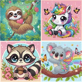 cviokrdu 4 PCS Diamond Art Kits for Kids, Animal Diamond Art for Kids Ages 4 8 12, Cute Sloths Koalas Raccoons Gem Art Kit Crafts Beginners for Gift Home Wall Decor(6x6inch)