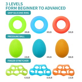 Pack of 10 hand trainers, finger trainers, egg shaped grip balls, three resistance levels, hand trainer to improve grip strength when climbing, guitar and piano