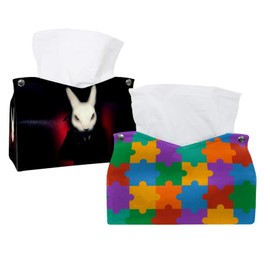2 Pack Tissue Box Cover Holder, Puzzle Pieces Rectangle Leather Tissue Case, Decorative Organizer for Tabletop, Bathroom, Car, Office