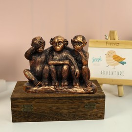Wanwanzi 3 Wise Monkeys Statue Set - 3 in 1 Bronze Coated Resin Monkey - Hear No Evil See No Evil Speak No Evil - Monkey Figurines for Office & Home Decor - Gift Option