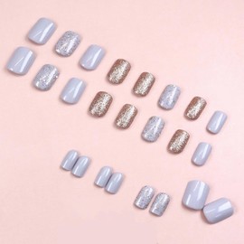 Nail Tip, Short, 24 Pieces, False Nails, Blue, Gold, Gold Foil, Popular, Japanese Style, Cute, Nail Tip, Simple, Fashionable Party, Autumn, Spring, Summer, Daily Life, Bridal Nail Tip, Coming of Age