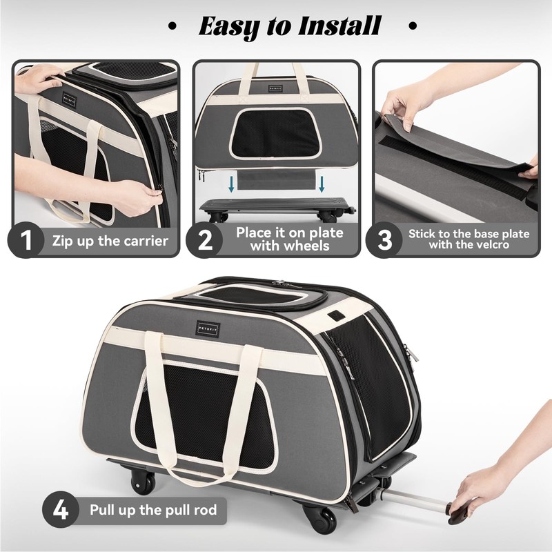 PETSFIT Large Pet Carrier with Wheels Designed for 2 Small