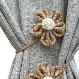 Curtain Tie Backs for Curtain Drapes, Boho Decor Holdback Farmhouse TieBacks for Blackout/Sheer Curtains, Jute Rope with Flower, Natural Decor Shabby Chic Drapery Holder, Pack-2