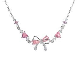 AUGRFXVBY Bow Zircon Bracelet, Pink, Copper, Women's Friendship Bracelet - Ribbon Bow Beaded Chain Bracelet (Silver)