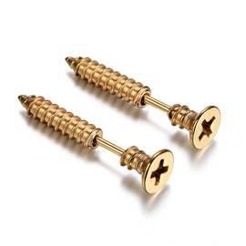 Flongo 7mm Cool Nail Shape Stainless Steel Men's Cross Screw Stud Earrings, 2pcs, gold