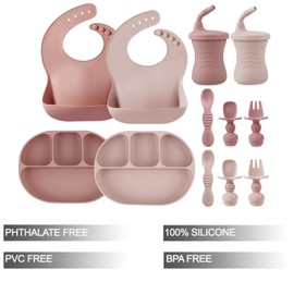 PandaEar 12PCS Silicone Baby Feeding Set | 2 Sectioned Baby Suction Plate, 2 Baby Bibs, 2 Toddler Cup, 4 Baby Spoons & 2 Baby Forks | Baby Led Weaning Supplies, Onesize