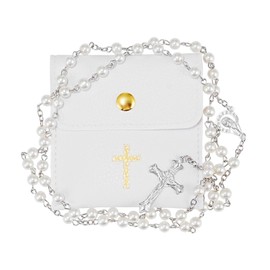 OEMOO Rosary Beads Catholic, Rosary Necklace with Leather Pouch (white rosary), Leather, No Gemstone
