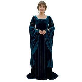 daizbella Renaissance Dress Women Retro Velvet Gown Vintage Medieval Costume Historical Celtic Dress with Wide Sleeves Blue