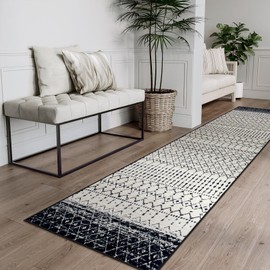 Beeiva Moroccan Runner Rug 2x8, Washable Hallway Runner with Non Slip Backing, Ultra Thin Low Pile Sofft Geometric Printed Rugs for Entryway, Bathroom, Laundry - Black/Cream
