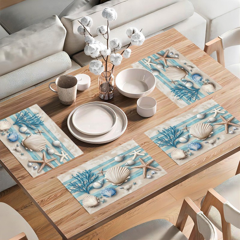 Summer Sea Shell Placemats Set of 6, Coastal Starfish Place