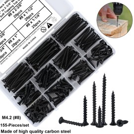 FandWay 155Pcs M4.2 (#8) Drywall Screws,Black Wood Screws,Phillips Flat Head Self Tapping Screw, Countersunk Head Self Tappers Screws Assortment Kit for Drywall Sheetrock,Wood,Furniture & Repairs