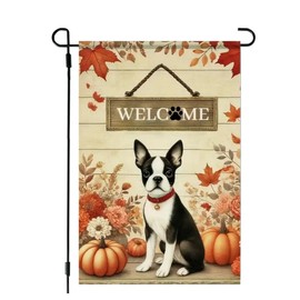 Fall Yard Flag 12x18 Double Sided Burlap, Seasonal Floral Boston Terrier Welcome Garden Flag, Decorations Outdoor Decor, Small Decorative Flags for Outside Garden Lawn Porch