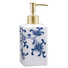 JHNIF Blue and White Porcelain Lotion Bottle with Gold Pump, 14oz Ceramic Soap Dispenser for Bathroom