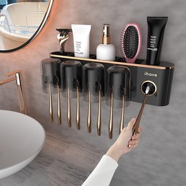 Toothbrush Holders Bathroom Accessories with Tootaste Dispenser, 2 Cups Toothbrush Holder Wall Mounted Bathroom Decor - Colour: Black 4 Cups