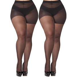 BAERU Women's Stockings, Plus Size, 3L, Pantyhose, Black, 2 Pairs Set, Loose Stockings, Plus Size, Black