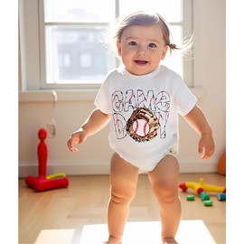 Baby Boys Girls Baseball Rompers Newborn Infant Bow Game Day Print Oversized Bubble Bodysuit One Piece Summer Clothes (White, 3-6 months)