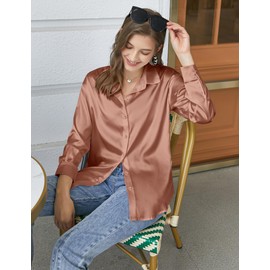 Chigant Silk Button Down Shirts Casual Long Sleeve Satin Blouse Business Tunic Tops Light Coffee
