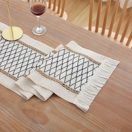 LIGICKY Boho Table Runner 48 Inches Long Farmhouse Rustic Table Runner Navy Blue Off White Grid Macrame Coffee Table Runner with Tassels for Home Decor for Dining Bridal Shower Decor (12x48 Inches)