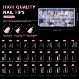 1400 Pcs 3 Styles Clear Nail Tips, Pre-shaped Acrylic Press on Nails Kit with Short Oval Nail Tips, Square and Stiletto Fake Soft Gel for Extension Manicure Home DIY