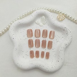 Cat Eye Press on Nails Medium Square Fake Nails Light Brown Nails Press ons Glossy Glue on Nails Fall Acrylic Nails Winter False Nails Artificial Stick on Nails for Women 24Pcs