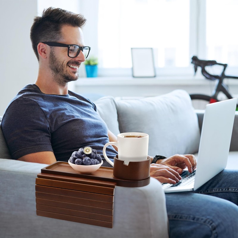 aisongdong Couch Cup Holder,Bamboo Couch Arm Tray with 360° Rotating