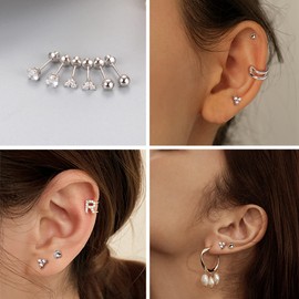 Sllaiss 3 Pairs Sterling Silver CZ Stud Earrings Screwback Silver Ball Round CZ Flower Tragus Cartilage Earrings Stud Tiny Cubic Zirconia Screw Back Stud Earrings for Women 4mm