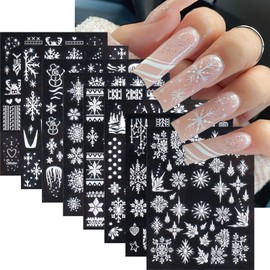 Christmas Nail Art Stickers 5D Stereoscopic Embossed White Snowflake Nail Decals Cute Lace Lattice Elk Nail Decals Stickers Winter Xmas Tree Nail Art Supplies for Women Girls Nail Decorations 8 Sheets
